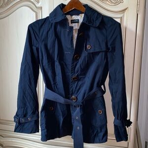 J Crew Belted Spring Jacket Mid Length Navy Blue Size 2
